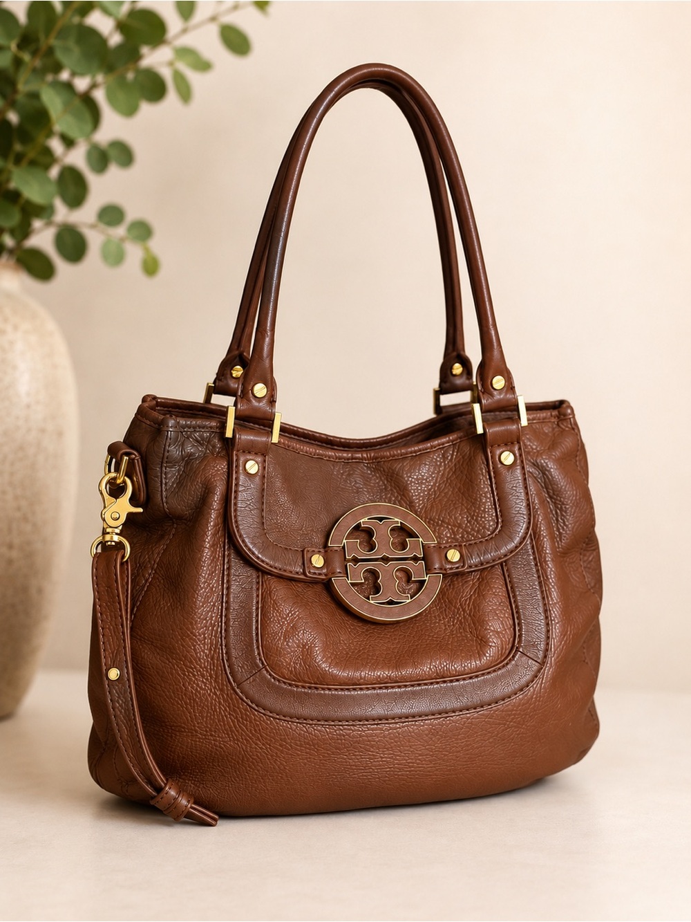 Tory Burch Amanda Brown Pebbled Leather Shoulder Tote Crossbody Bag - Picture 3 of 15